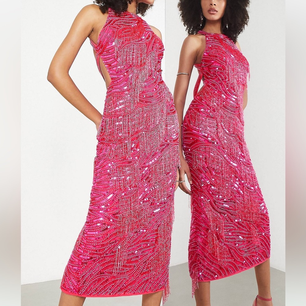 ASOS EDITION Pearl and Fringe halter midi dress